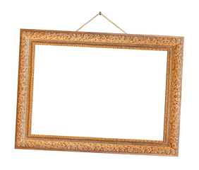Old wooden picture frame hanging on a rope