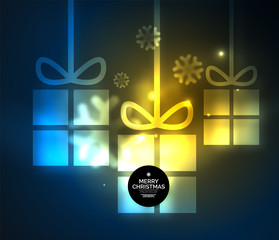 Glowing gift boxes with snowflakes, Christmas and New Year template