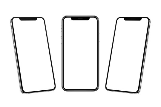 Multiple Smart Phones With X Curved Screen In Front, Left And Right Side Position.