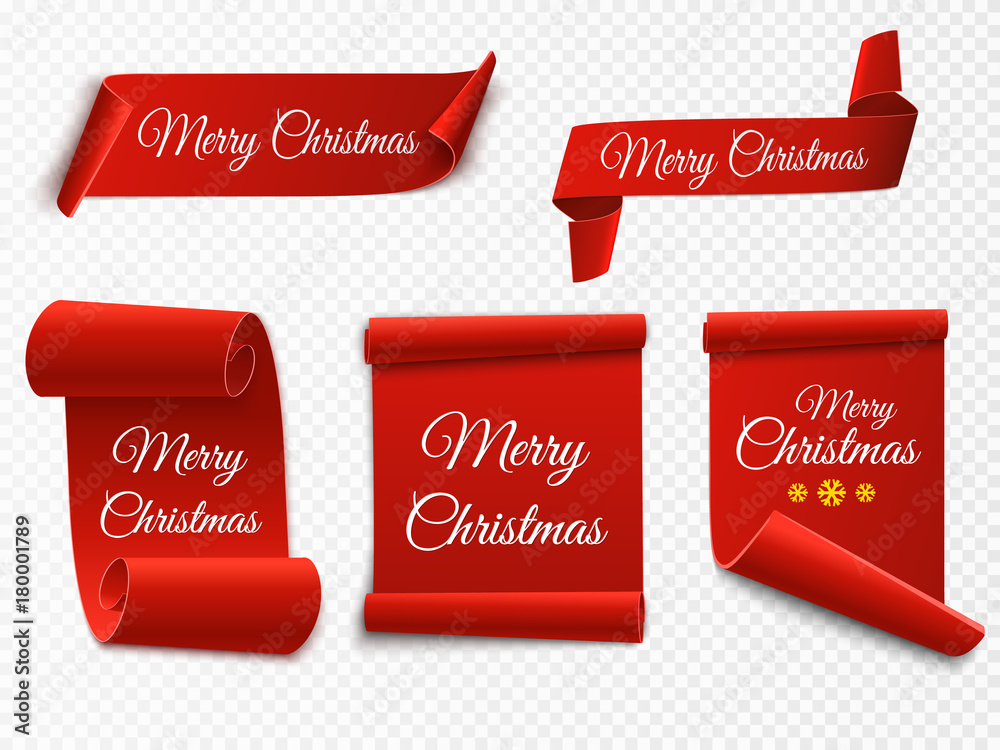 Poster Merry Christmas red paper banner. Set of Xmas stickers isolated. Vector