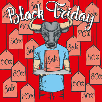Vector illustration of bull on Black Friday