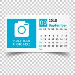 Fototapeta premium September 2018 calendar. Calendar planner design template with place for photo. Week starts on sunday. Business vector illustration.