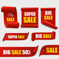 Big Sale banners. Paper scrolls. Vector Super sale stickers.