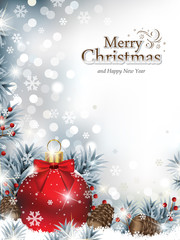 Christmas Background with Red Shiny Ornament laying in the Snow among Fir Branches, Berries and Pine Cones