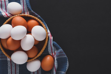 Fresh chicken brown eggs isolated, organic farming background