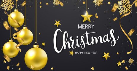 Merry Christmas vector banner text and New Year Xmas background. with beautiful confetti various gold snowflakes,