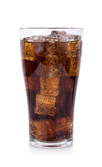Cola in glass with ice cubes on white background