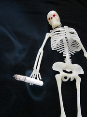 skeleton and a burning cigarette in his hand.dependent,non-social issues. 
