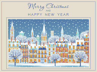 Winter city Christmas celebration card. Handmade drawing vector illustration. Vintage style.