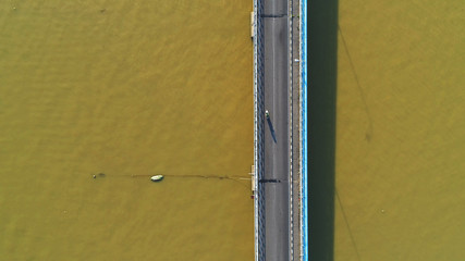 Aerial view. A motorcyclist using bridge