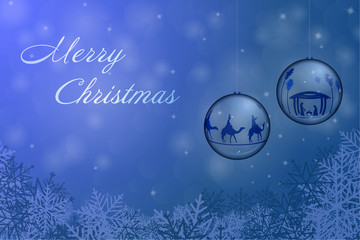 Christmas time. Christmas bowls with Nativity scene and three kings in Christmas landscape.