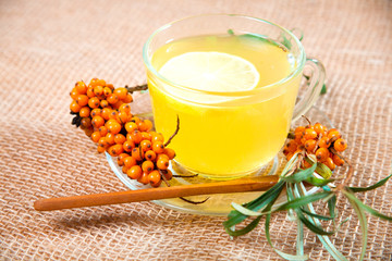 Tea made from sea buckthorn berries healthy for health delicious, saturated with vitamins surrounded by berries and sea buckthorn leaves for family tea drinking and maintaining health in the body