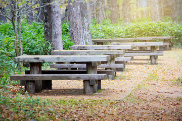 Wooden table set in the resting area in Kamikochi national park in Japan
