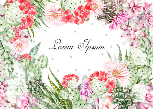 Fototapeta Watercolor card with succulents and cactuses. Illustration