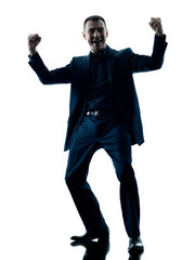 one caucasian business man happy celebrating silhouette isolated on white background