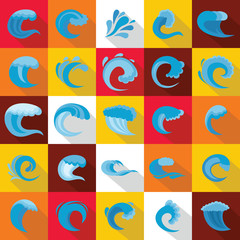 Water wave icons set, flat style