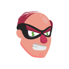 Picture of a balding thief wearing a mask with dollar badges in his eyes