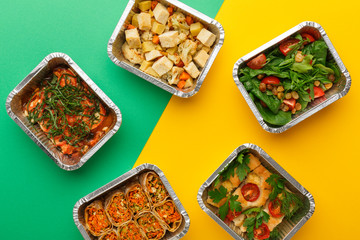 Healthy meals delivery. Eating right concept, copy space, top view.