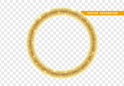 Christmas Traditional Decorations, Golden Lush Tinsel. Xmas Circle Wreath Garland, Isolated Realistic Decor Element