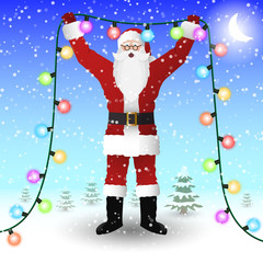 Santa Claus in a red suit is holding a New Year's illumination garland in his hands. Vector image.