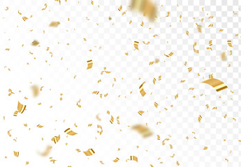 Falling shiny golden confetti isolated on transparent background. Bright festive tinsel of gold color. - obrazy, fototapety, plakaty