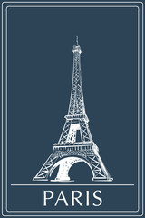 Eiffel Tower drawn in a simple sketch style. Isolated contour on dark blue background. EPS8 vector illustration