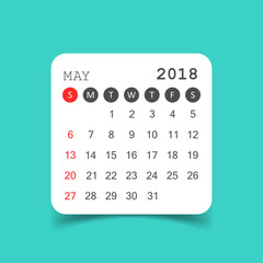 May 2018 calendar. Calendar sticker design template. Week starts on Sunday. Business vector illustration.