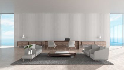 Modern interior living room wood floor with sofa. manager room sea view summer 3d rendering