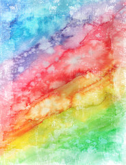 Watercolor grunge background in rainbow colors. Vintage poster, banner, scrapbook page. Handmade aged paper texture in retro style.