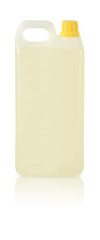 Plastic bottle with yellow cap isolated on a white background for liquid laundry detergent or...