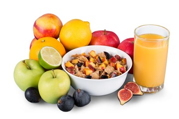 Diet weight loss breakfast concept with tape measure, fruit and