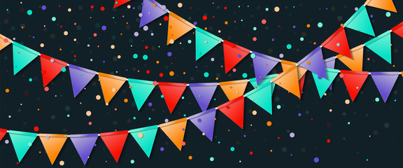 Obraz premium Bunting flags garland. Extraordinary celebration card. Bright holiday decorations and confetti. Bunting flags garland vector illustration.