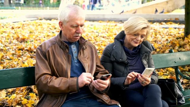 Mature couple using smartphone on a bench park
