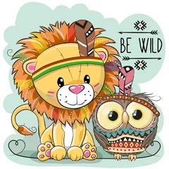 Poster Kinderzimmer Niedlicher Cartoon-Stammes-Löwe und Eule
