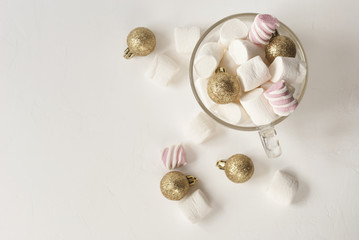  Christmas decorations and marshmallow. Winter concept. Flat lay. Top view. Christmas composition.