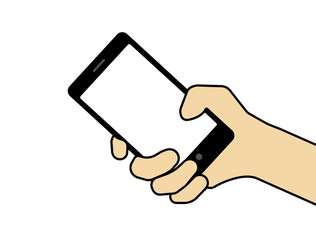 Hand illustration with smart phone. Flat colors. Vector illustration. White background