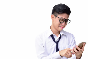 Business man wearing eyes glasses crying when using cell phone on isolated white background