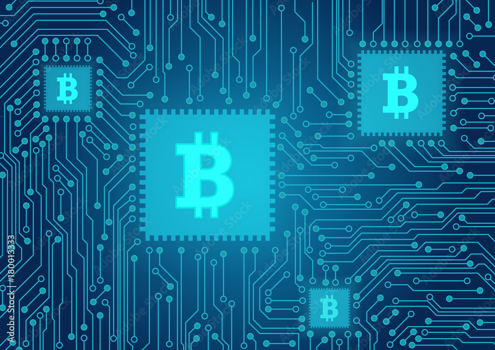 Poster Bitcoin concept vector illustration. Cryptocurrency electronic payments. Bitcoin sign on the computer processor. Blockchain technology.