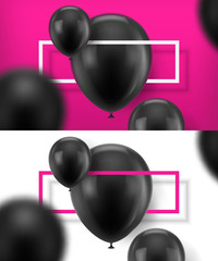 Black baloons vector. Two banners with black realistic balloons, in focus and blurred with frame. Vector illustration.