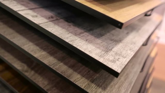Several layers of parquet stacked in an interior design store