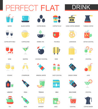 Vector set of flat tea, coffee, alcohol drinks icons