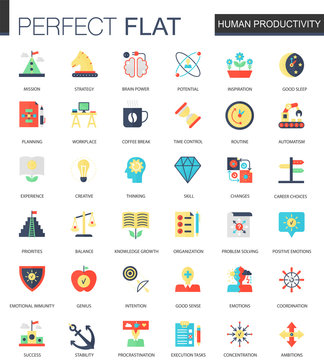 Vector set of flat human productivity, time management icons.