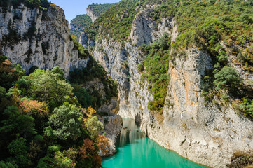 Kayaks at the entrance of Congost de Mont-rebei in Catalonia, Spain