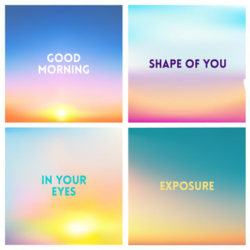 Abstract vector multicolored blurred background set. 4 colors set. Square blurred backgrounds set - sky clouds sea ocean beach colors With love quotes
