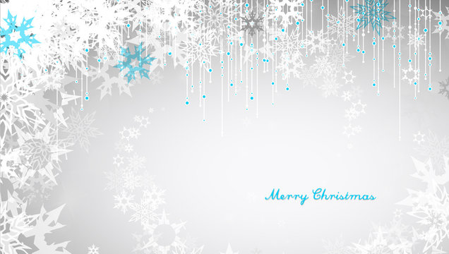 Christmas light background with white snowflakes and Merry Christmas text - light version