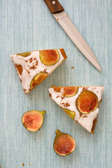 Delicious fig cake on blue background.Top view