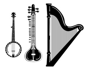 A set of musical instruments. Stylized harp. Black and white banjo illustration. Sitar. Collection of stringed musical instruments. Tattoo.