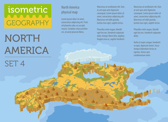 Isometric 3d North America physical map elements. Build your own geography info graphic collection