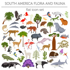 Obraz premium South America flora and fauna flat elements. Animals, birds and sea life big set. Build your geography infographics collection