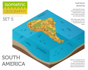 Isometric 3d South America physical map elements. Build your own geography info graphic collection